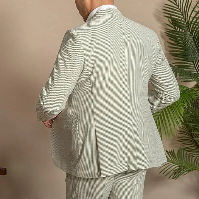 rear view of men's sage green striped seersucker blazer from 2 piece summer shorts suit