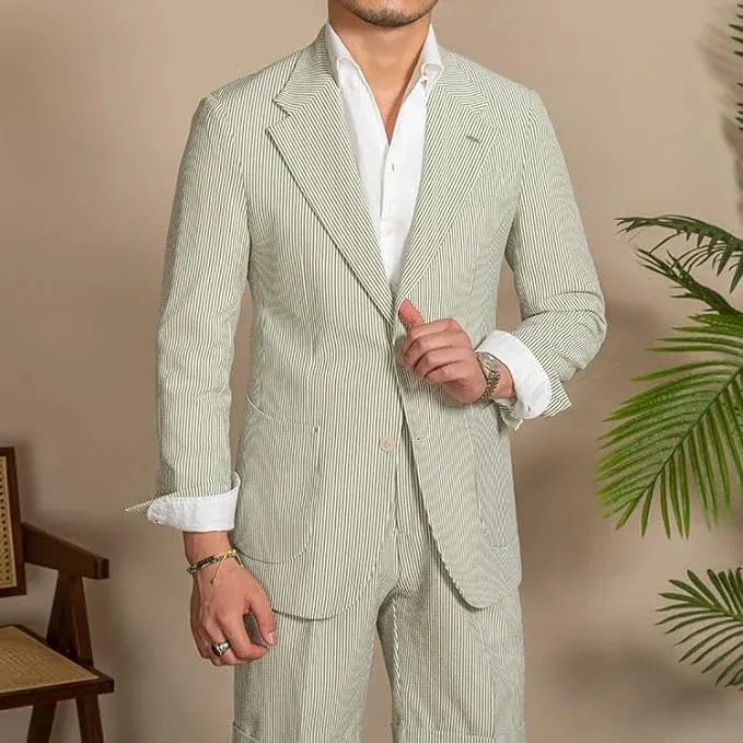 sage green seersucker blazer and shorts set for men – classic summer tailoring front view