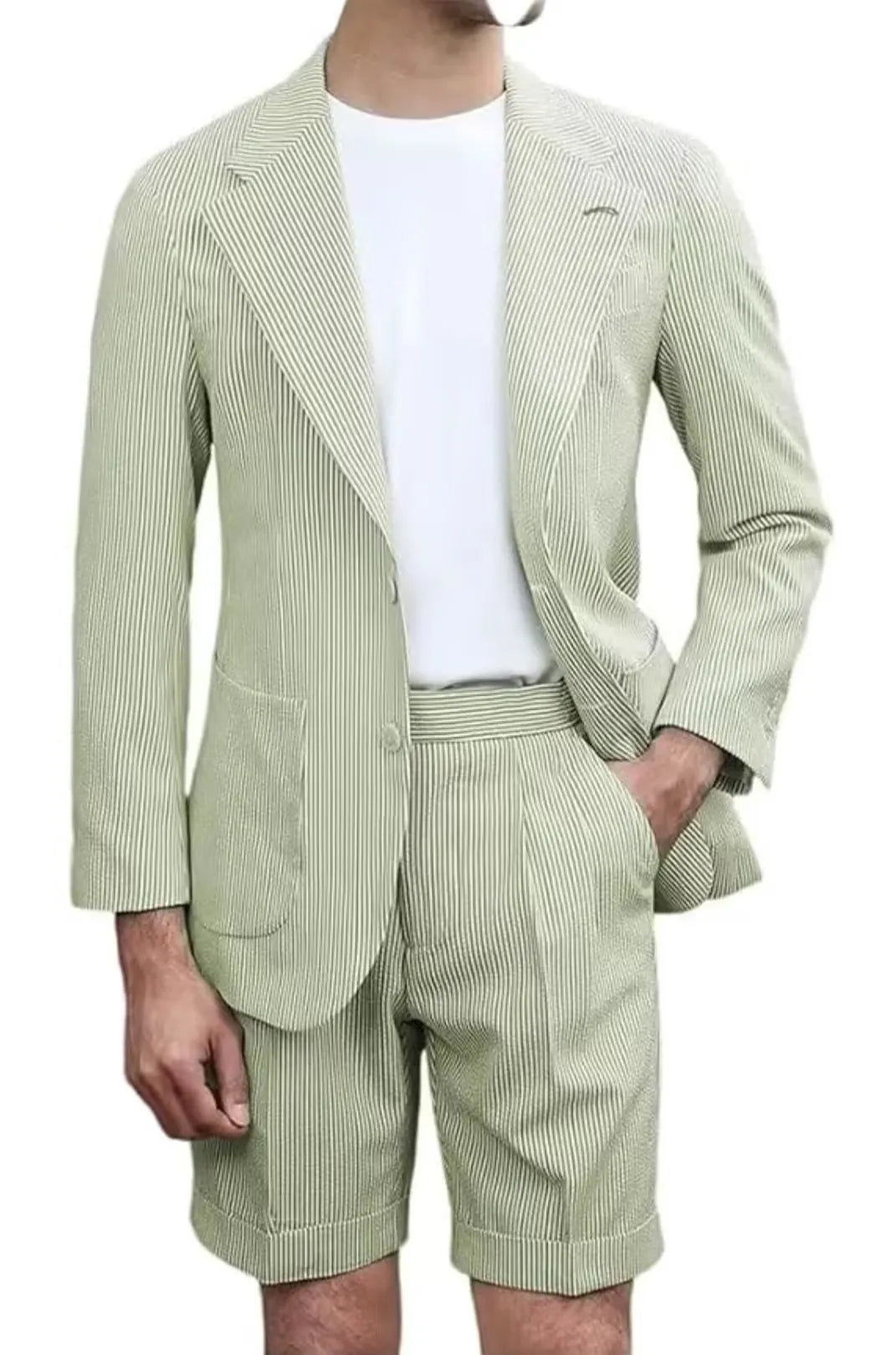 sage green striped seersucker shorts suit for men – lightweight summer blazer with shorts