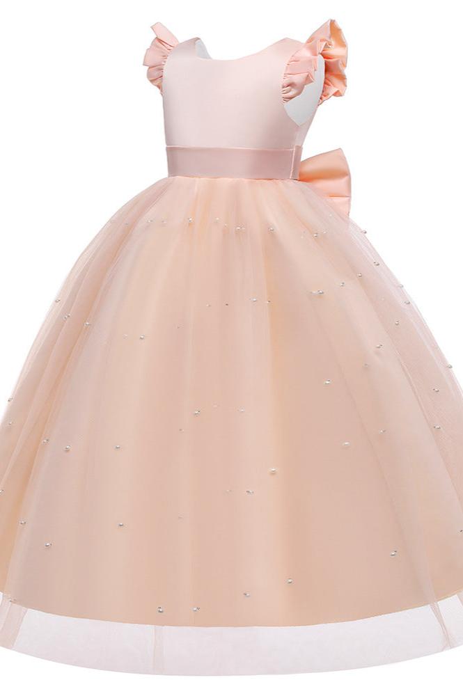 Wehilion satin flower girl dress in Champagne with ruffle sleeves and bow detail
