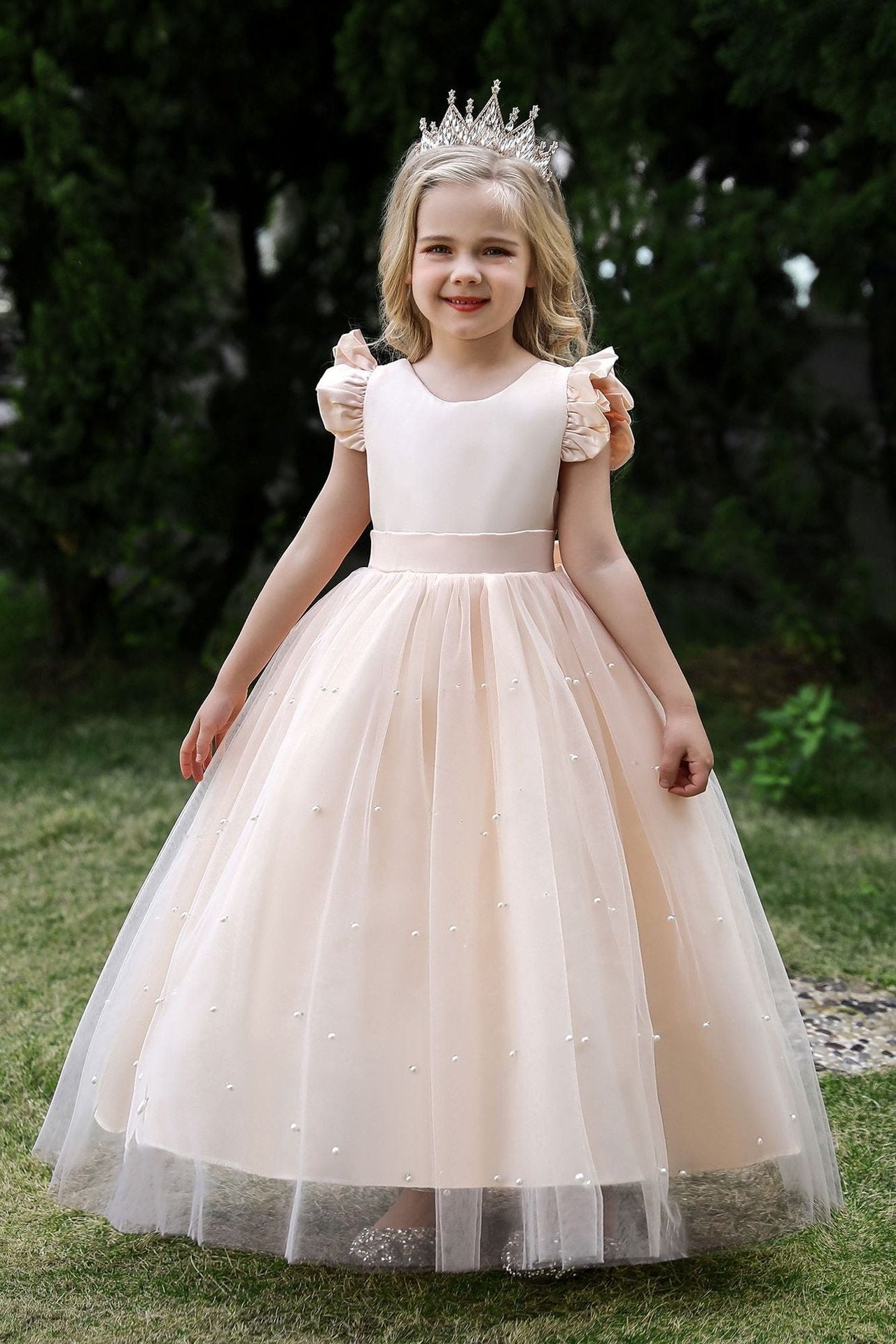 Wehilion satin flower girl dress in Champagne with ruffled sleeves and pearl embellishments