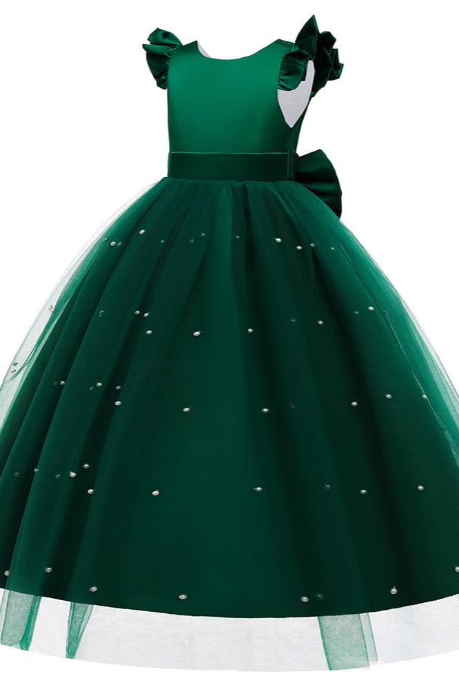 Elegant satin flower girl dress in dark green with ruffled sleeves and pearl accents