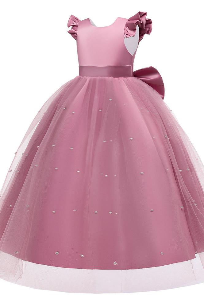 Wehilion satin flower girl dress in light pink with ruffled sleeves and pearl accents for special occasions