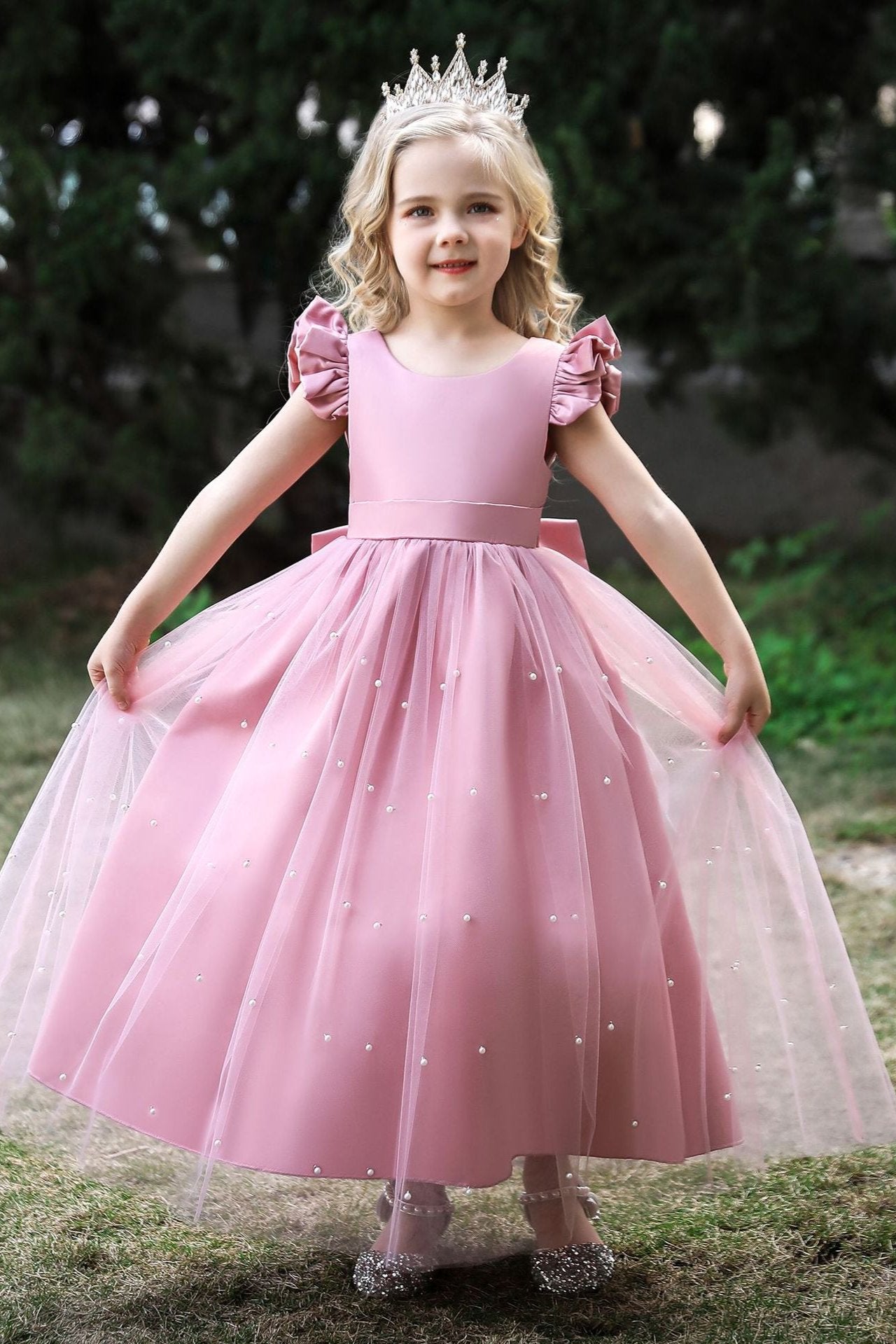 Satin Flower Girl Dress with Pearl Tulle Cape