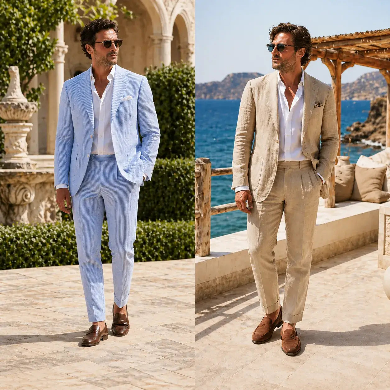 Seersucker suit vs linen suit comparison with men wearing blue seersucker and beige linen suits for summer style.