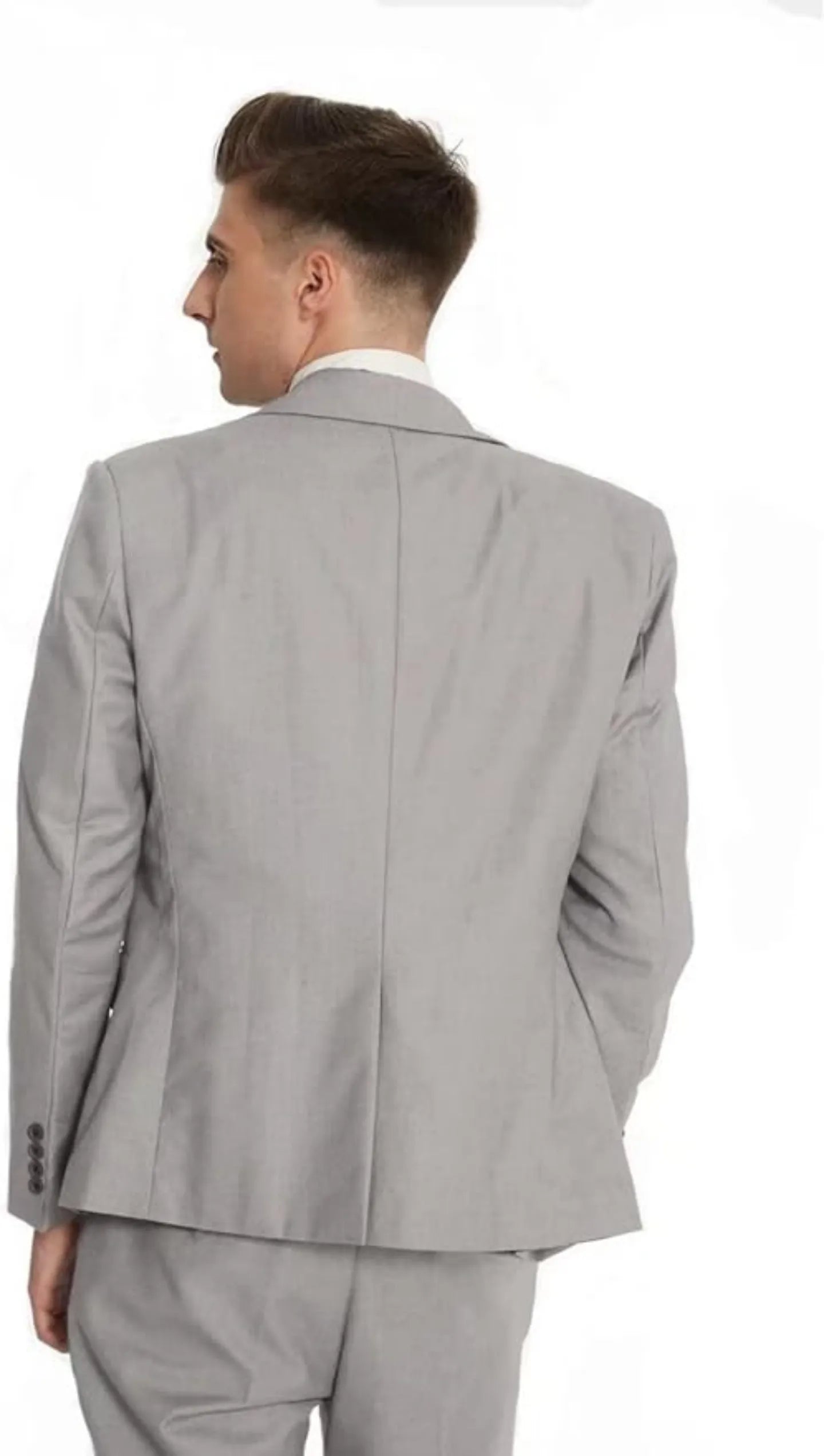 back view of men's silver grey 3-piece formal suit – tailored double-breasted style with fitted blazer and trousers