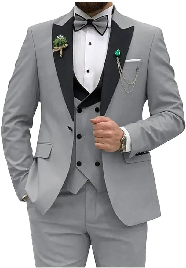 silver grey slim fit tuxedo suit for prom with chain and boutonniere