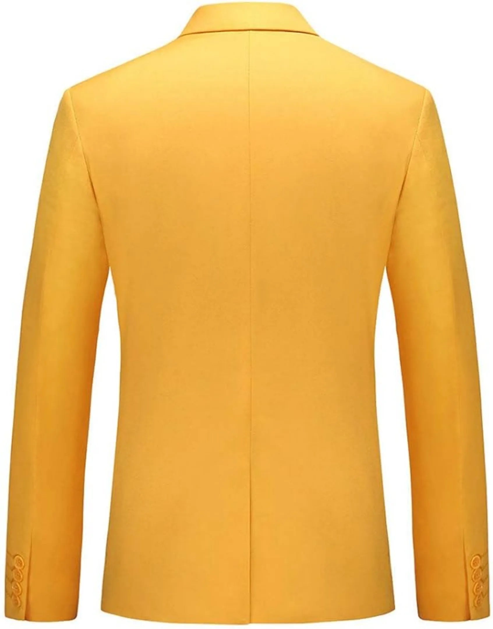 back view of men's yellow single-breasted suit showcasing smooth tailoring with a center seam and subtle back vent.