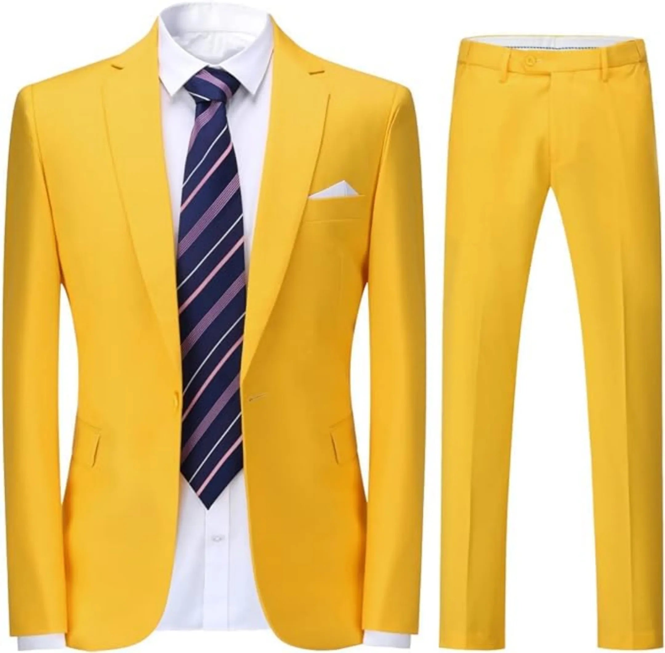 front view of men's yellow single-breasted suit, paired with striped tie and white shirt, featuring a slim fit design.