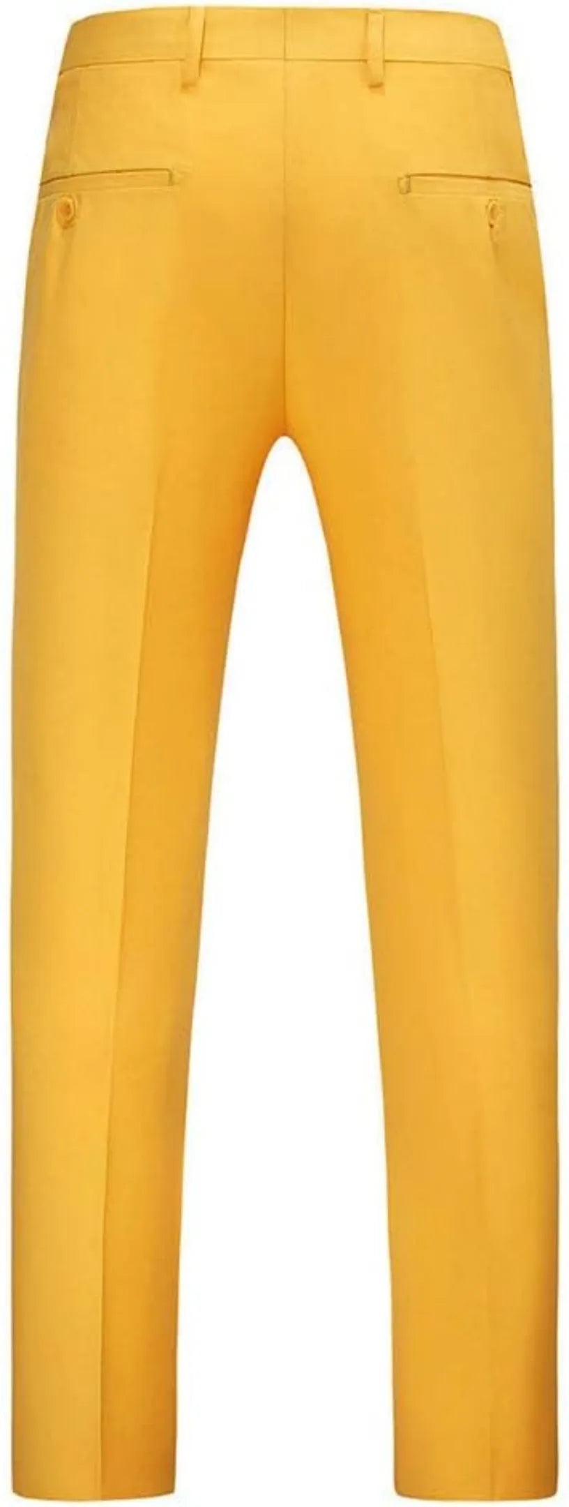 back view of men's yellow slim-fit trousers with dual back pockets and smooth finish.