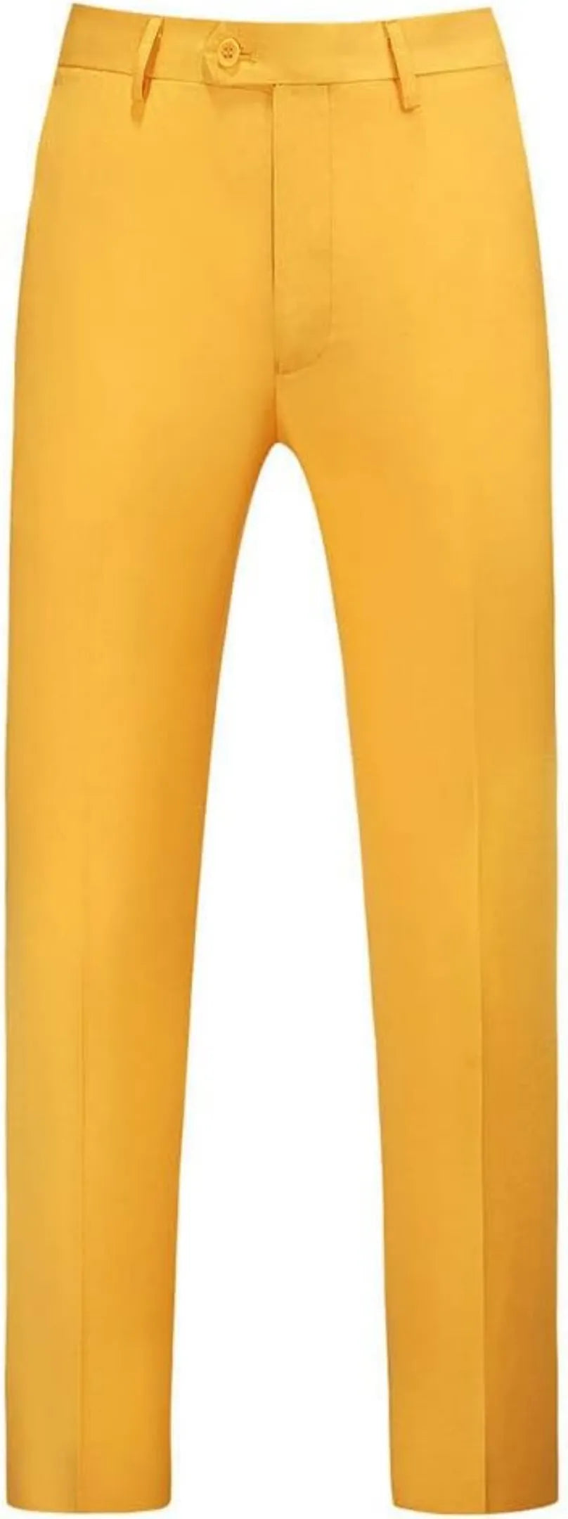 close-up of men's yellow slim-fit trousers with a classic buttoned waistband and smooth leg tapering.