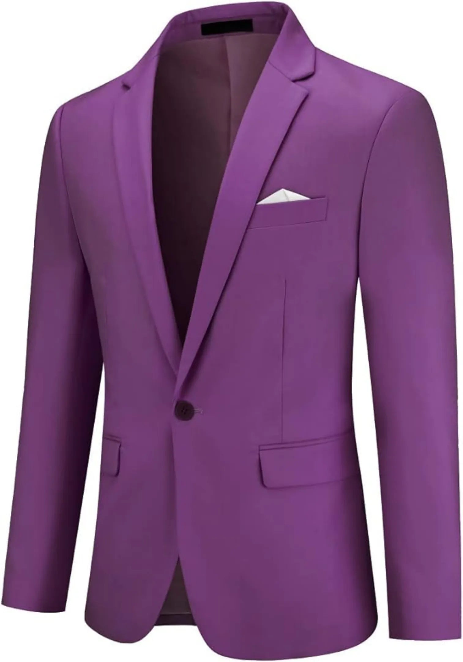 front view of the purple men's blazer from the single-breasted 2-piece suit, showcasing the classic notched lapels and stylish pocket square.