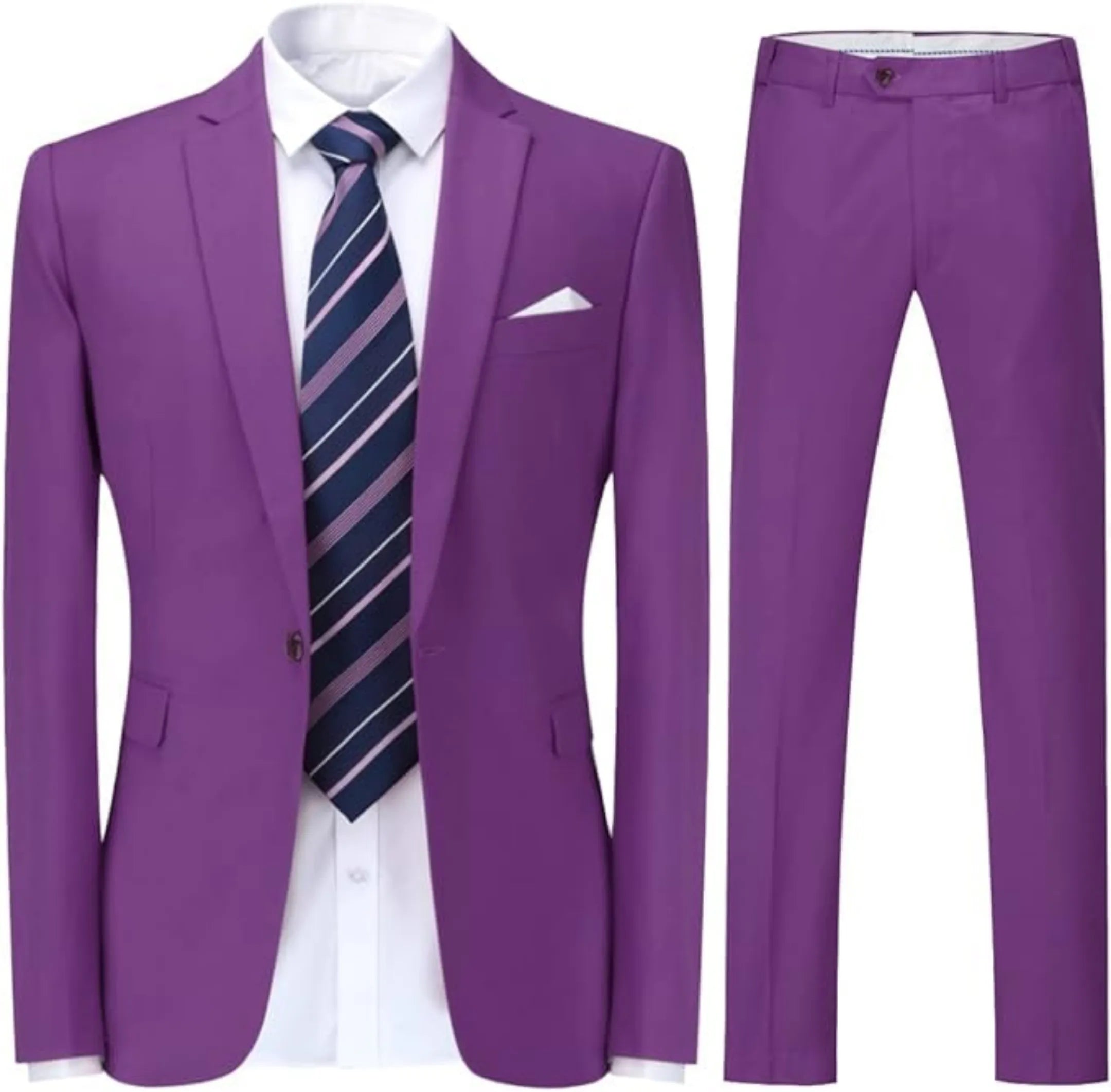 full view of men's purple single-breasted 2-piece suit, featuring a stylish blazer, white shirt, and striped tie. The pants are tailored for a slim fit.