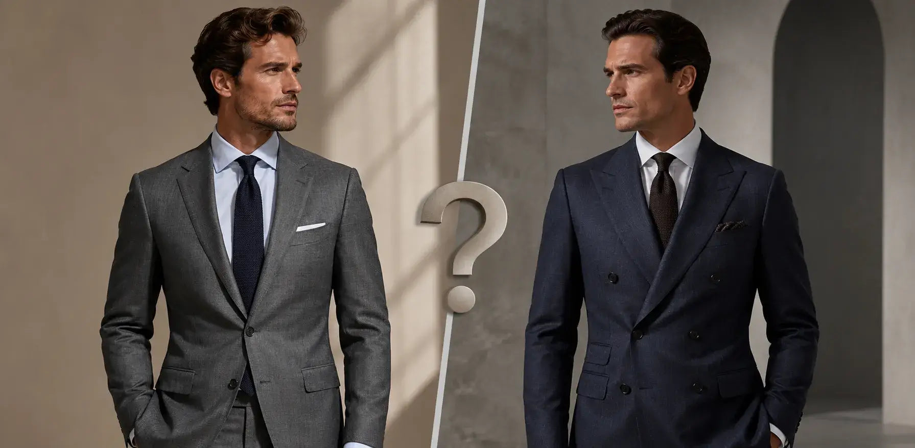 High-end editorial hero image showcasing a single-breasted suit on the left and a double-breasted suit on the right in a neutral minimalist studio with soft directional lighting, emphasizing elegance, tailoring, and versatility for modern men.