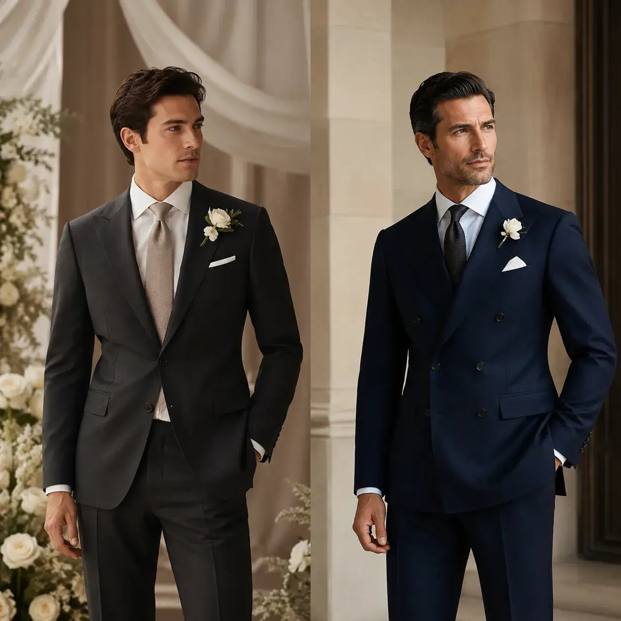Editorial-style wedding fashion display featuring a single-breasted suit on the left and a double-breasted suit on the right, set against a minimalistic background highlighting the cut and fabric quality.