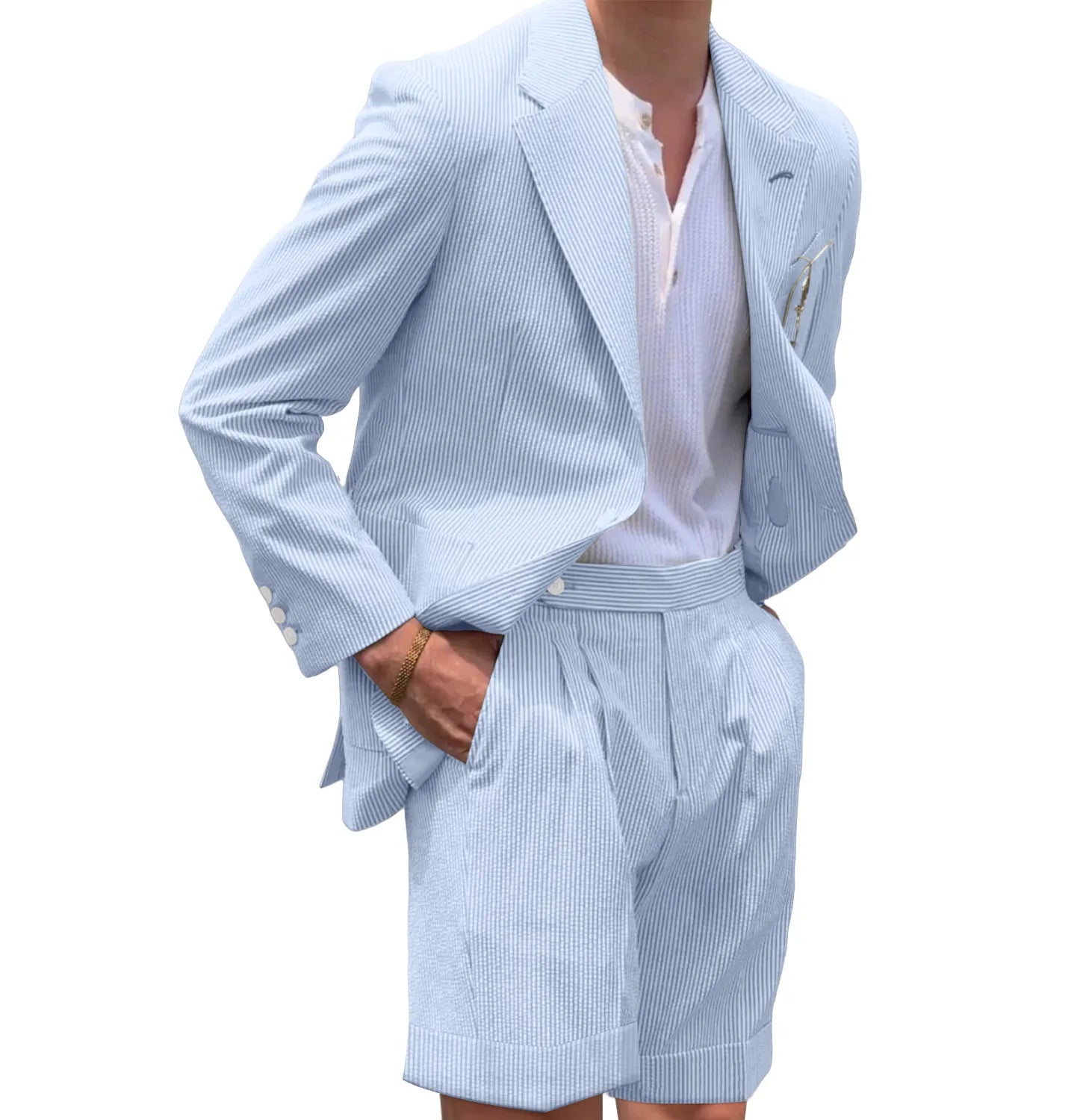 Men's sky blue seersucker blazer and shorts set – lightweight striped summer 2 piece suit