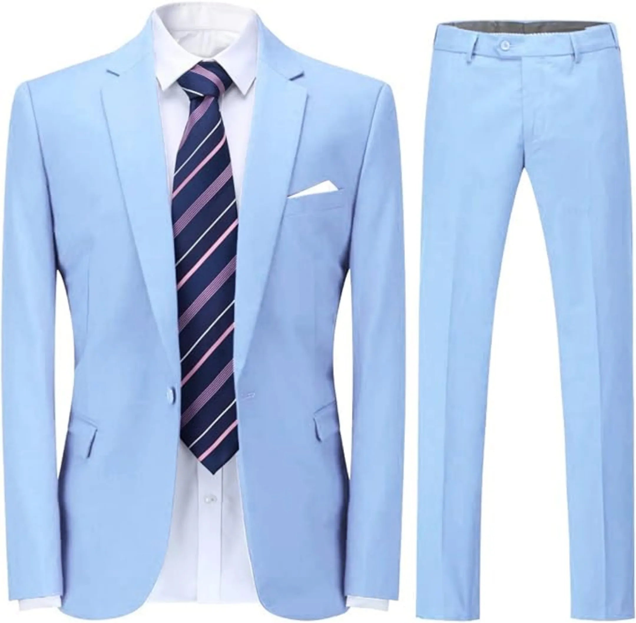 sky blue single-breasted one button men's 2-piece suit with a striped tie and white shirt – Casual and formal style.