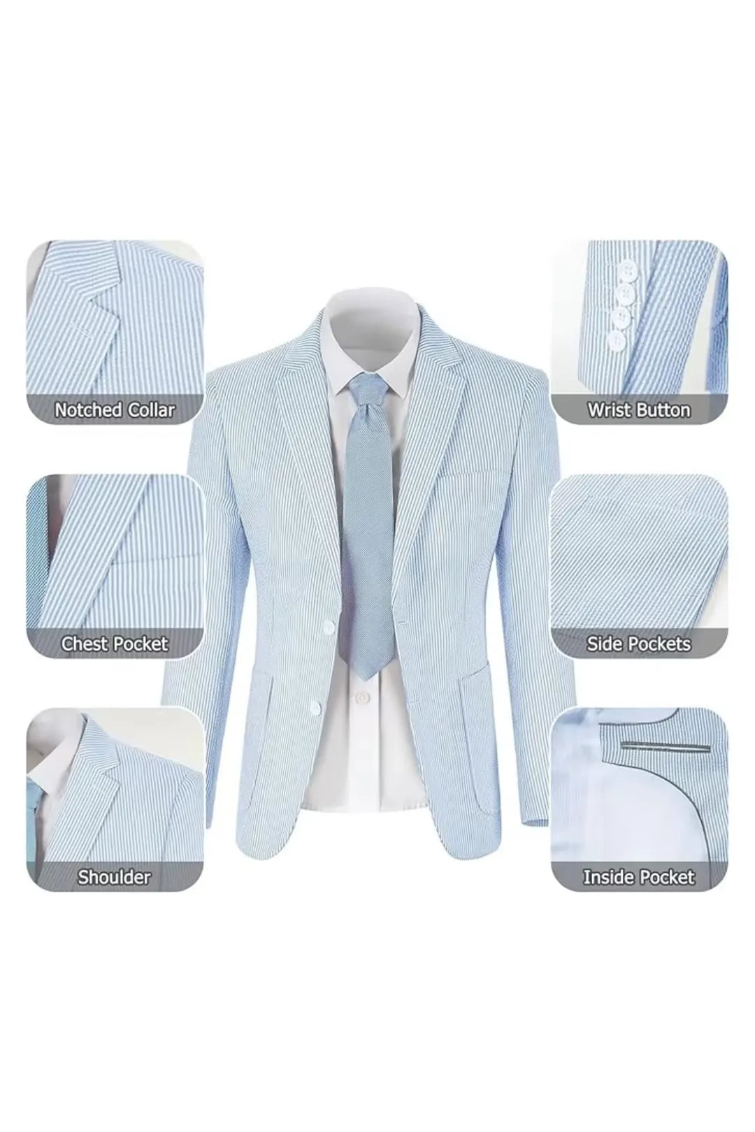 Sky blue-and-white seersucker blazer showcasing its pockets, lapels, and textured fabric.