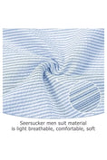 Load image into Gallery viewer, Close-up of sky blue-and-white seersucker fabric texture, featuring soft, breathable stripes.