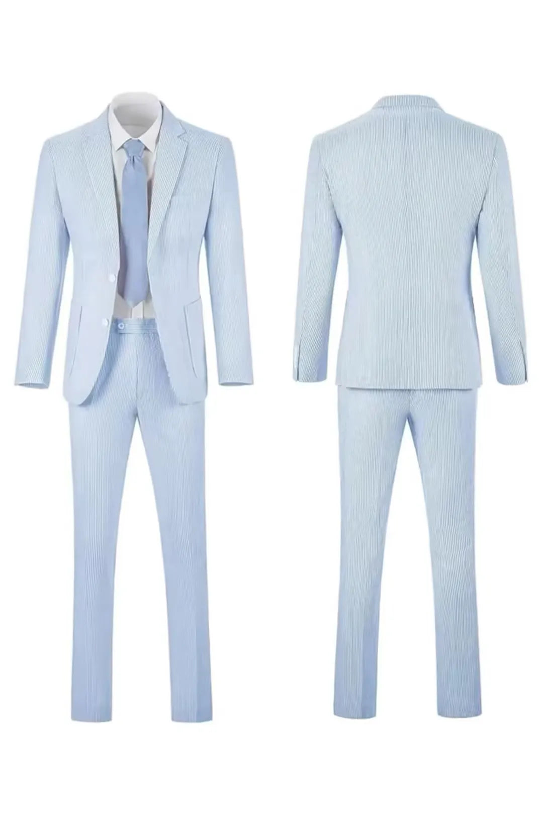 Full front and back view of a men's sky blue-and-white striped seersucker suit set.