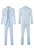 Load image into Gallery viewer, Full front and back view of a men's sky blue-and-white striped seersucker suit set.