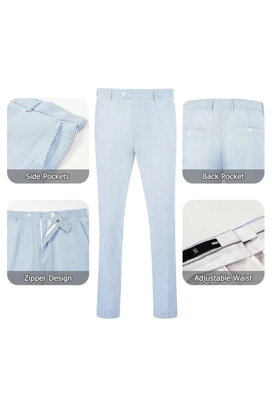 Sky blue-and-white striped seersucker pants with adjustable waist and zipper, designed for comfort.