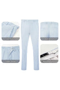 Load image into Gallery viewer, Sky blue-and-white striped seersucker pants with adjustable waist and zipper, designed for comfort.