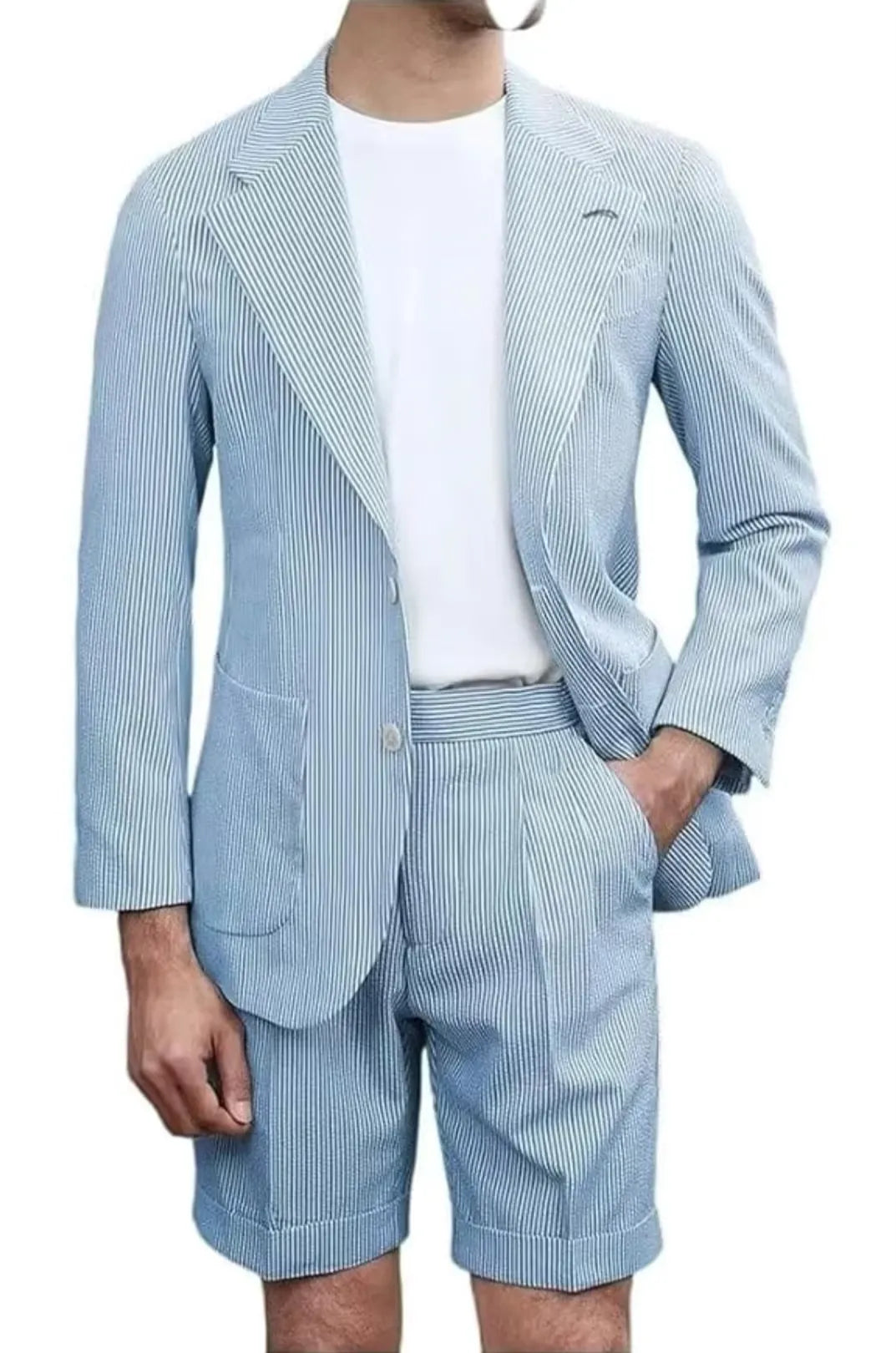 sky blue men's 2 piece seersucker suit set – breathable summer outfit with striped fabric