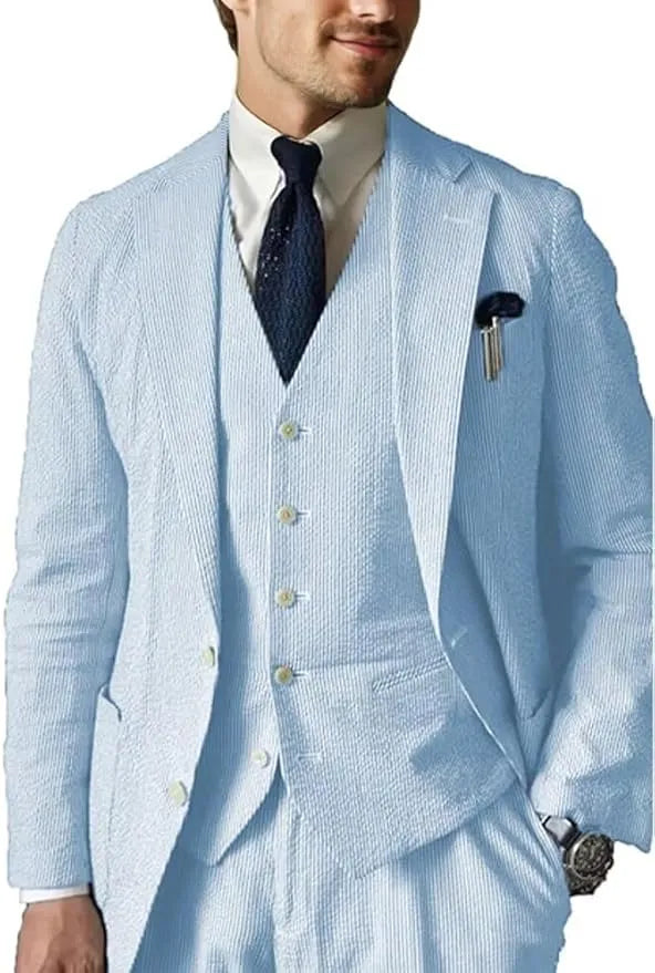 Sky blue seersucker wedding suit for men – 3 piece summer blazer vest set