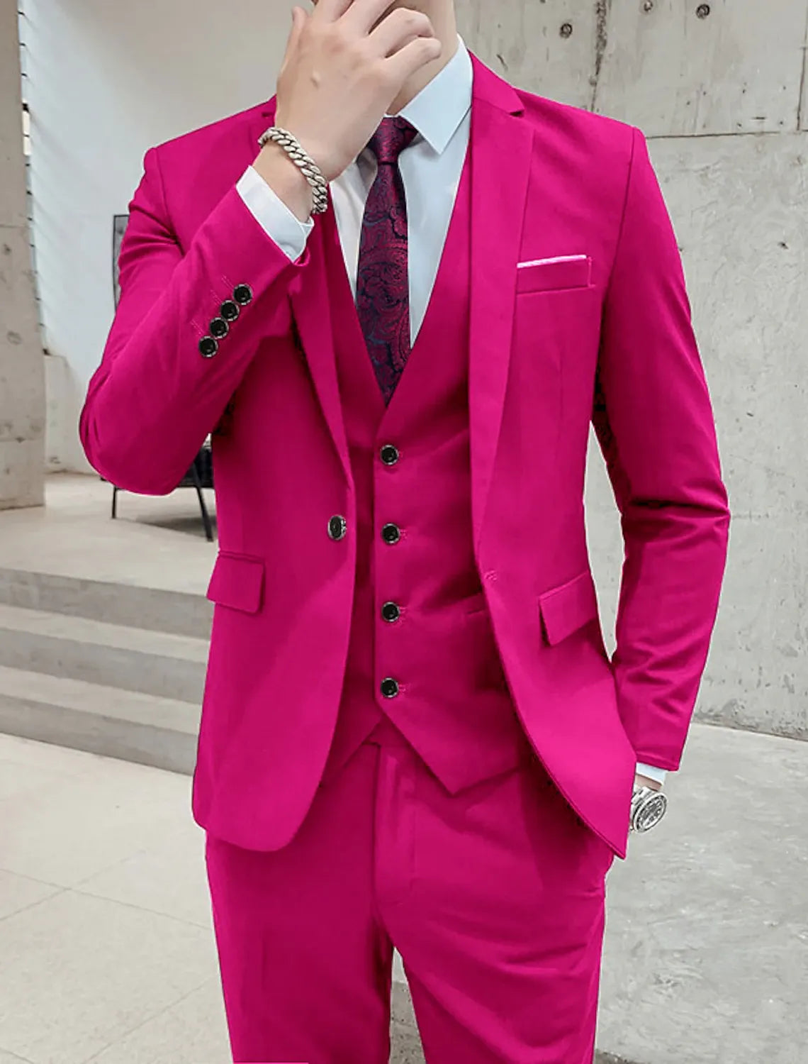 tailored fuchsia men's 3-piece suit - slim fit fashion wedding & party formal wear