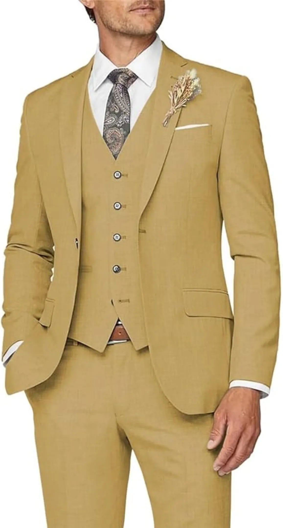 formal business wedding groom prom party 3 piece men's suit - tan slim fit with paisley tie & floral lapel pin