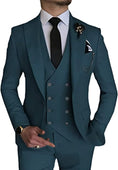 Load image into Gallery viewer, teal double-breasted one-button 3 piece men's suit – slim fit blazer, vest, and trousers styled with black tie and pocket square