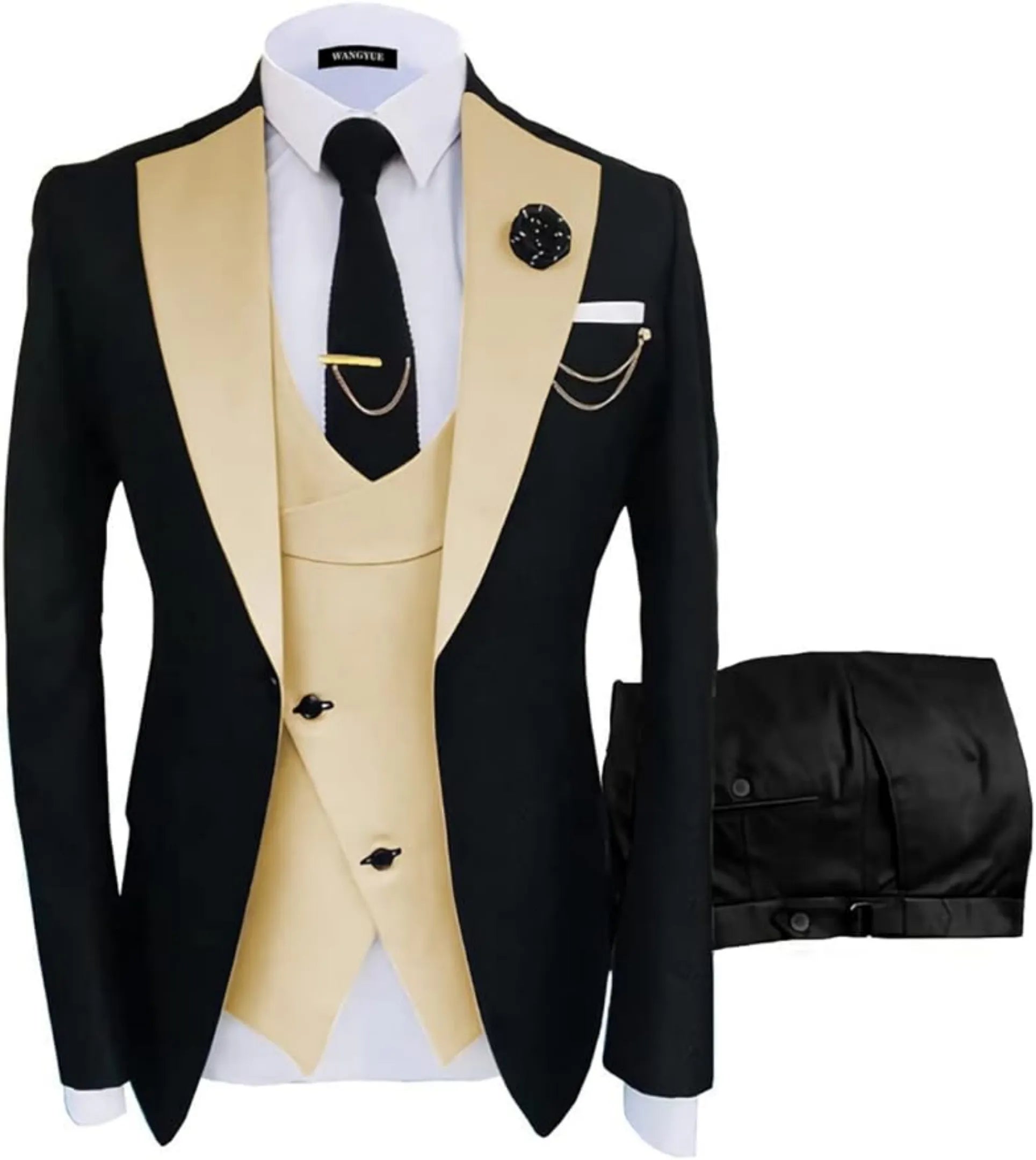 black and champagne 3 piece men's suit: black blazer with champagne satin lapel, cross gold vest, gold chain, lapel pin and white pocket square