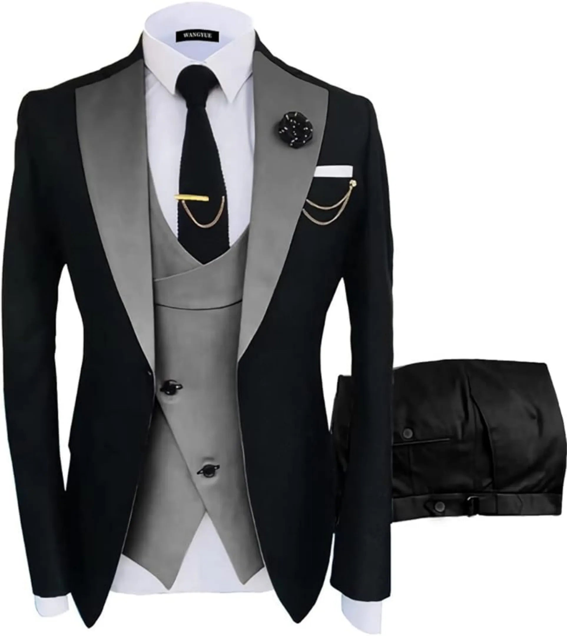 black and dark grey 3 piece men's suit: black blazer with dark grey satin lapel, cross grey vest, gold chain, lapel pin and white pocket square