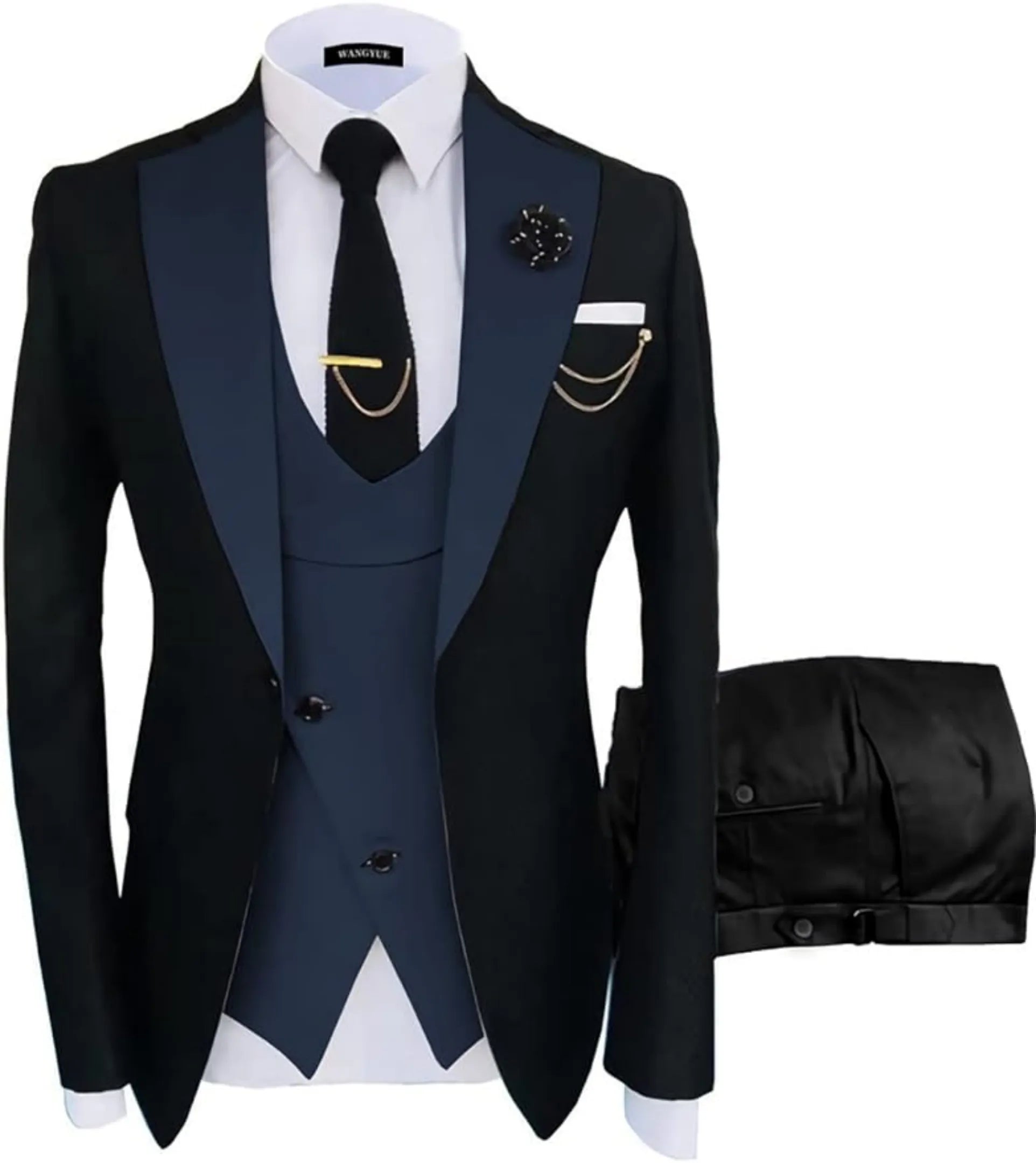 black and navy 3 piece men's suit: black blazer with navy satin lapel, cross blue vest, gold chain, lapel pin and white pocket square