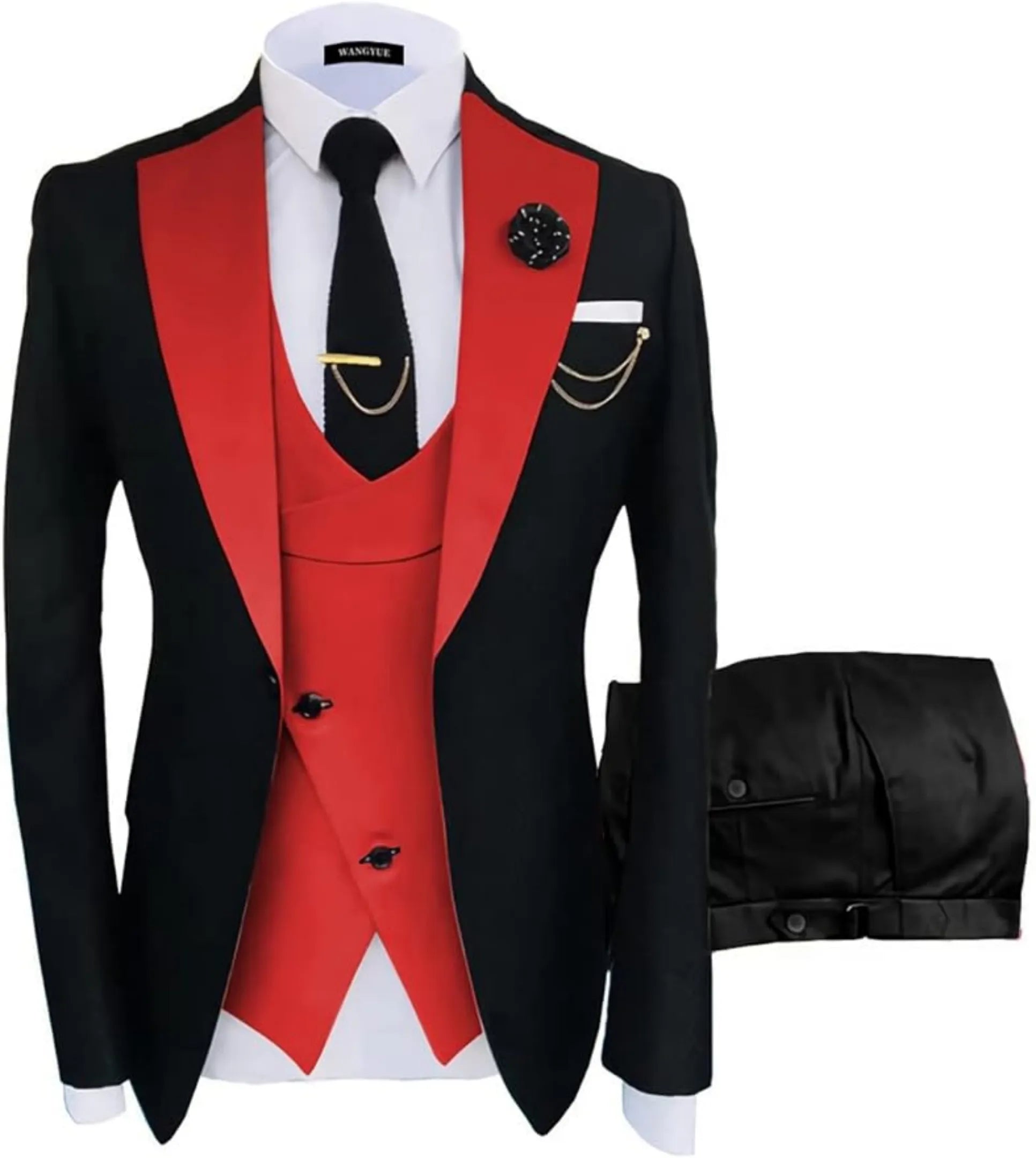fashion slim fit wedding prom suit: V-red-black contrast 3-piece set, black trousers, gold tie clip, formal party wear with accessories