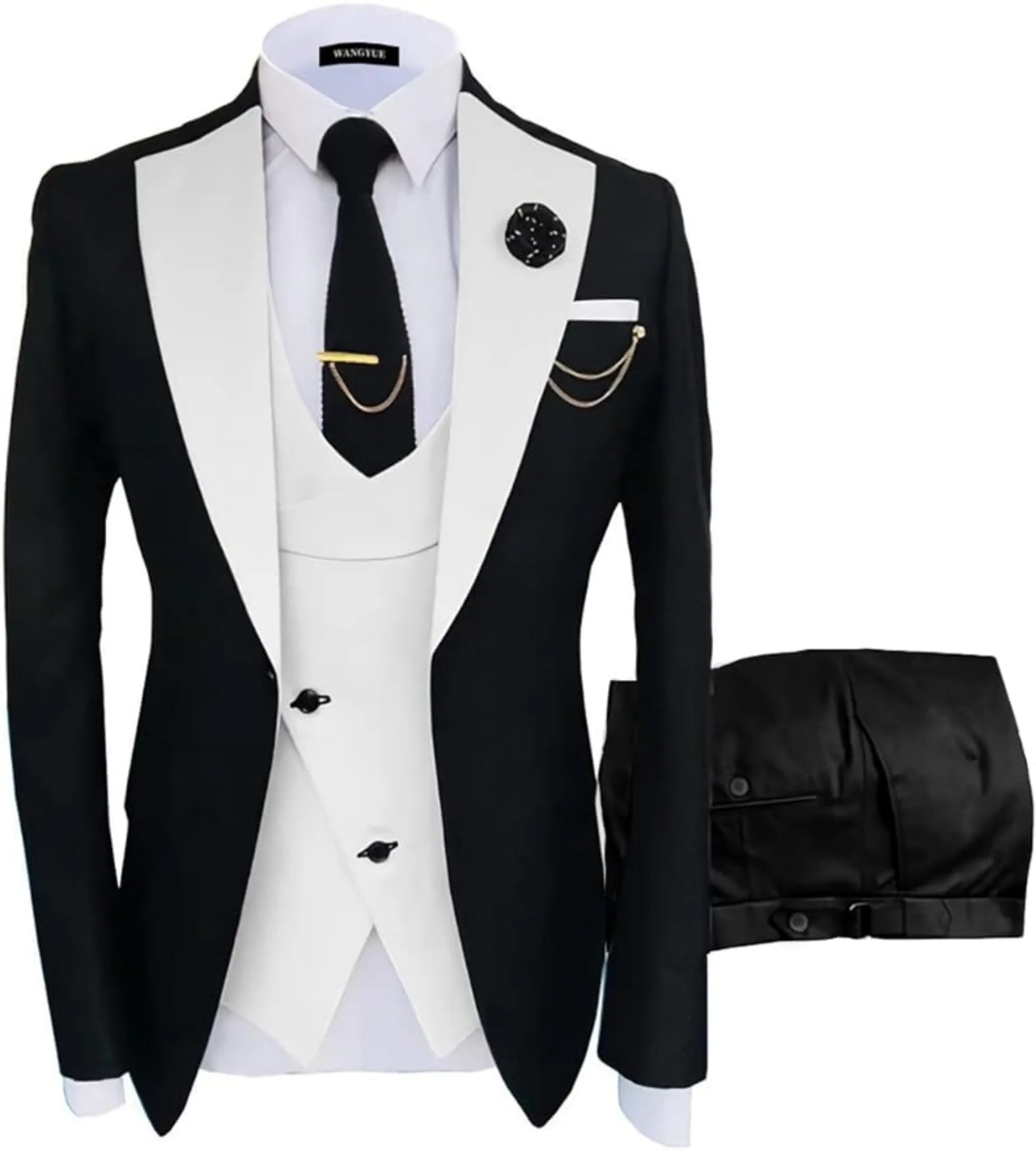 fashion slim fit wedding prom suit: V-white-2 contrast 3-piece set, black trousers, gold tie clip, formal occasion wear with accessories