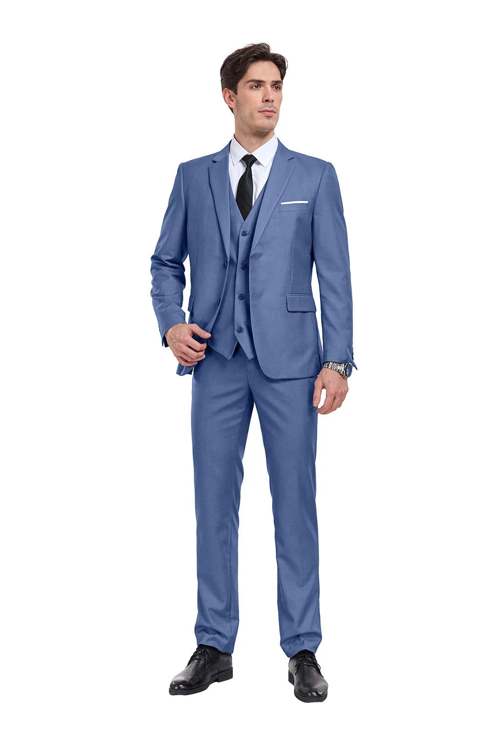 Full front view of violet 3 piece men's slim fit suit with blazer, vest, and trousers – stylish formal wedding look