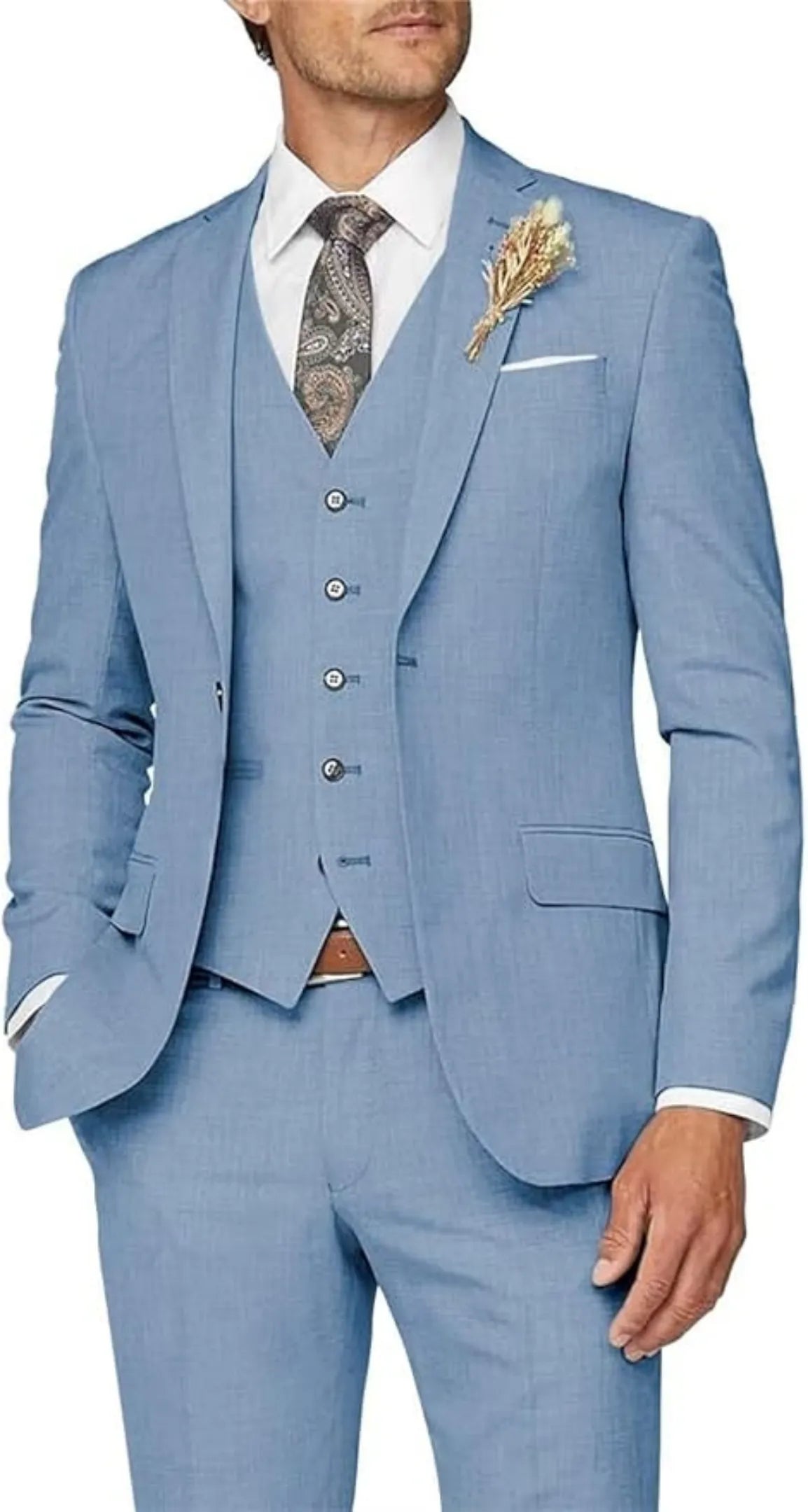 formal business wedding groom prom party 3 piece men's suit - violet slim fit with paisley tie & floral lapel pin