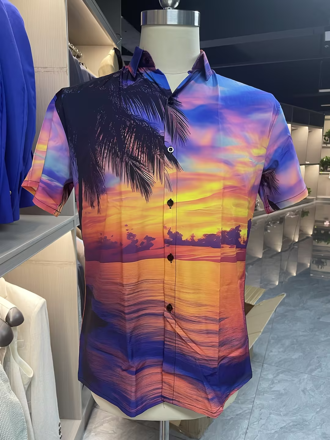 Sunset palm design short sleeve orange shirt for men – casual resort wear