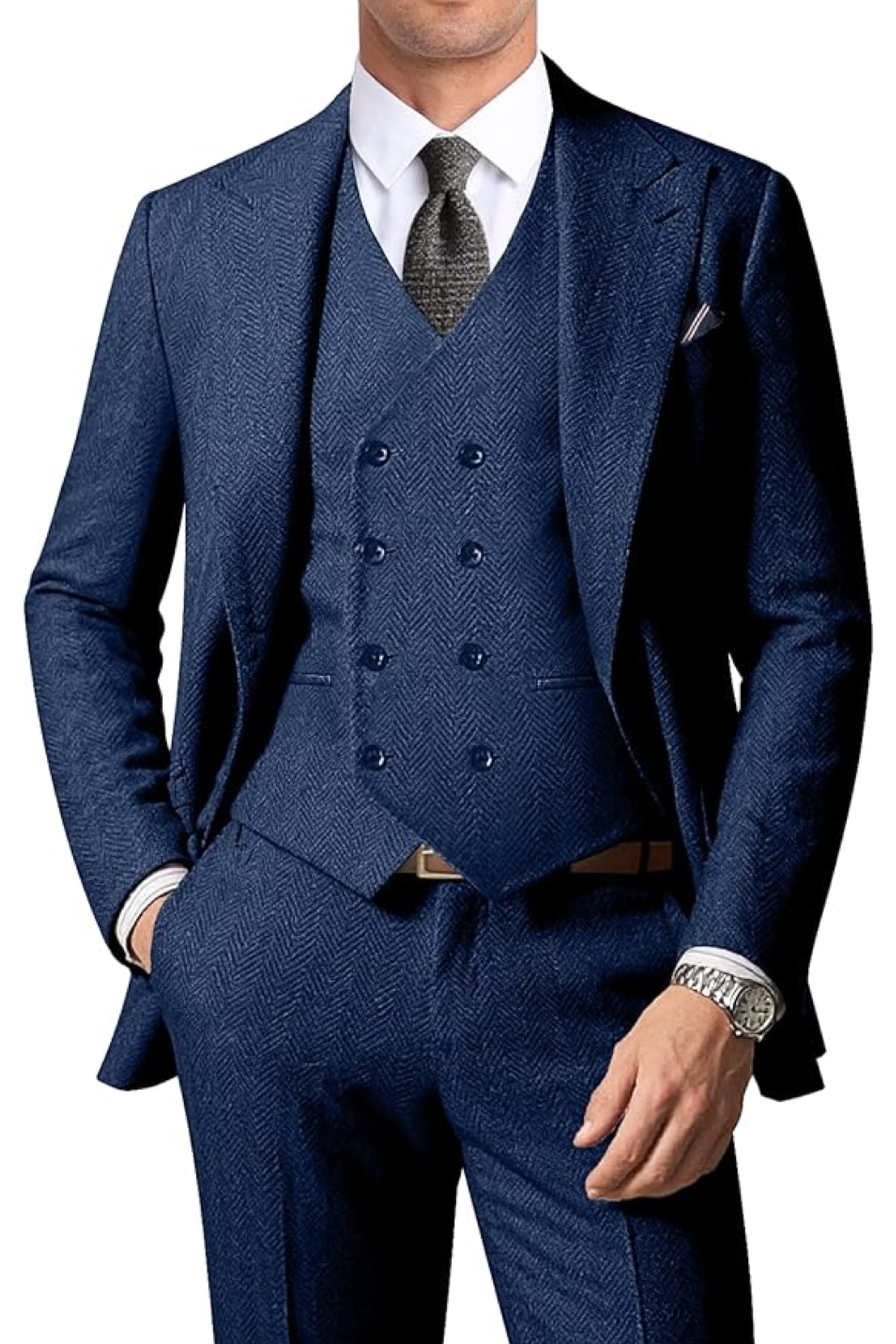 Men's Double Breasted Vest Herringbone 3 Piece Suits