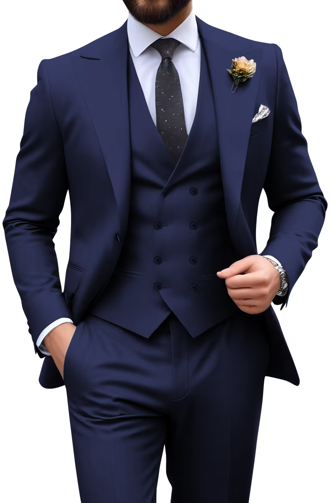 royal blue slim fit 3 piece suit with peak lapel blazer, double breasted vest and pants for modern wedding style