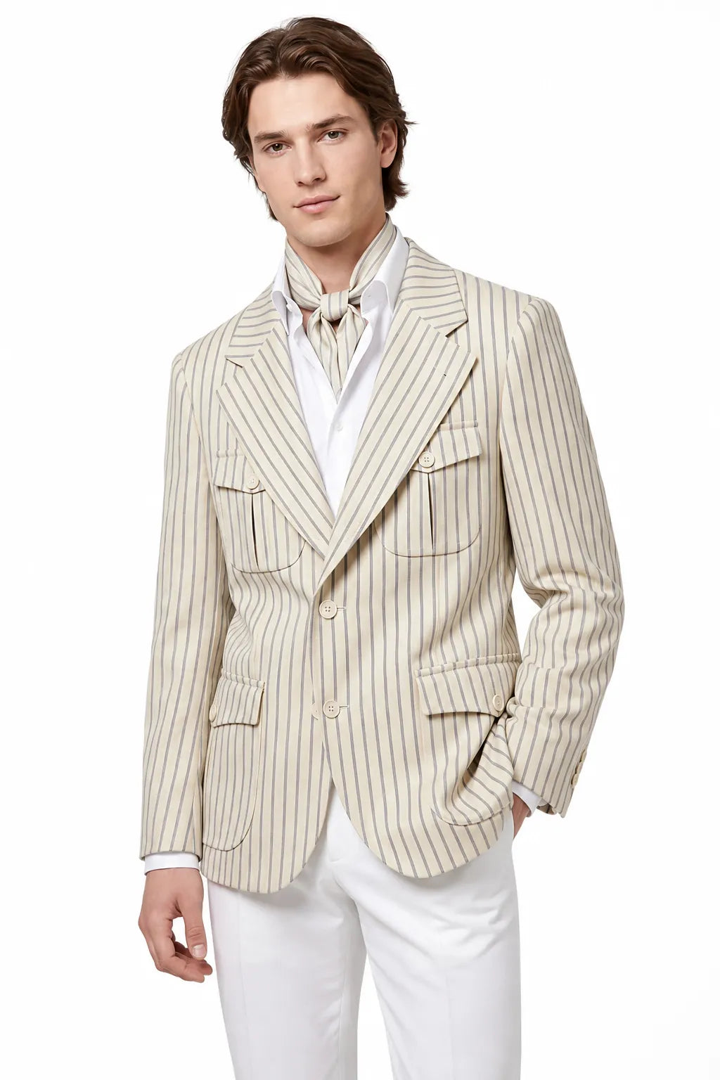 Men's Modern Beige Pinstriped 2 Piece Suit