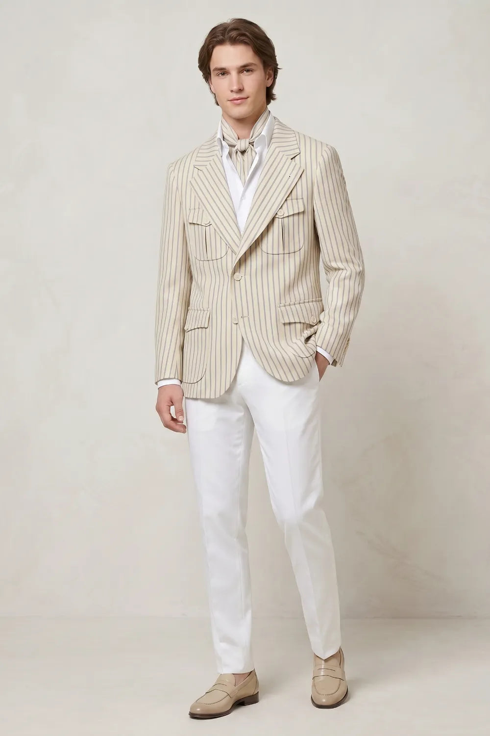 Men's Modern Beige Pinstriped 2 Piece Suit