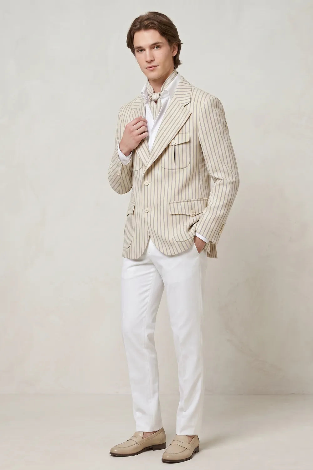 Men's Modern Beige Pinstriped 2 Piece Suit
