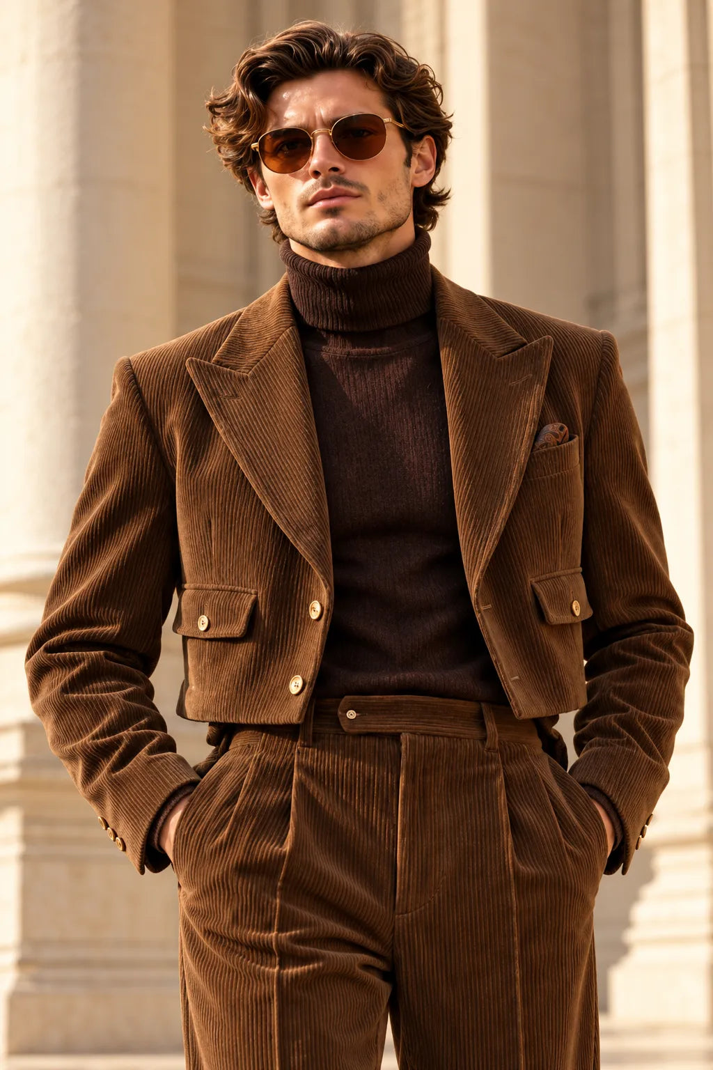 Men's Corduroy Cropped Blazer Wide Leg 2 Piece Suit