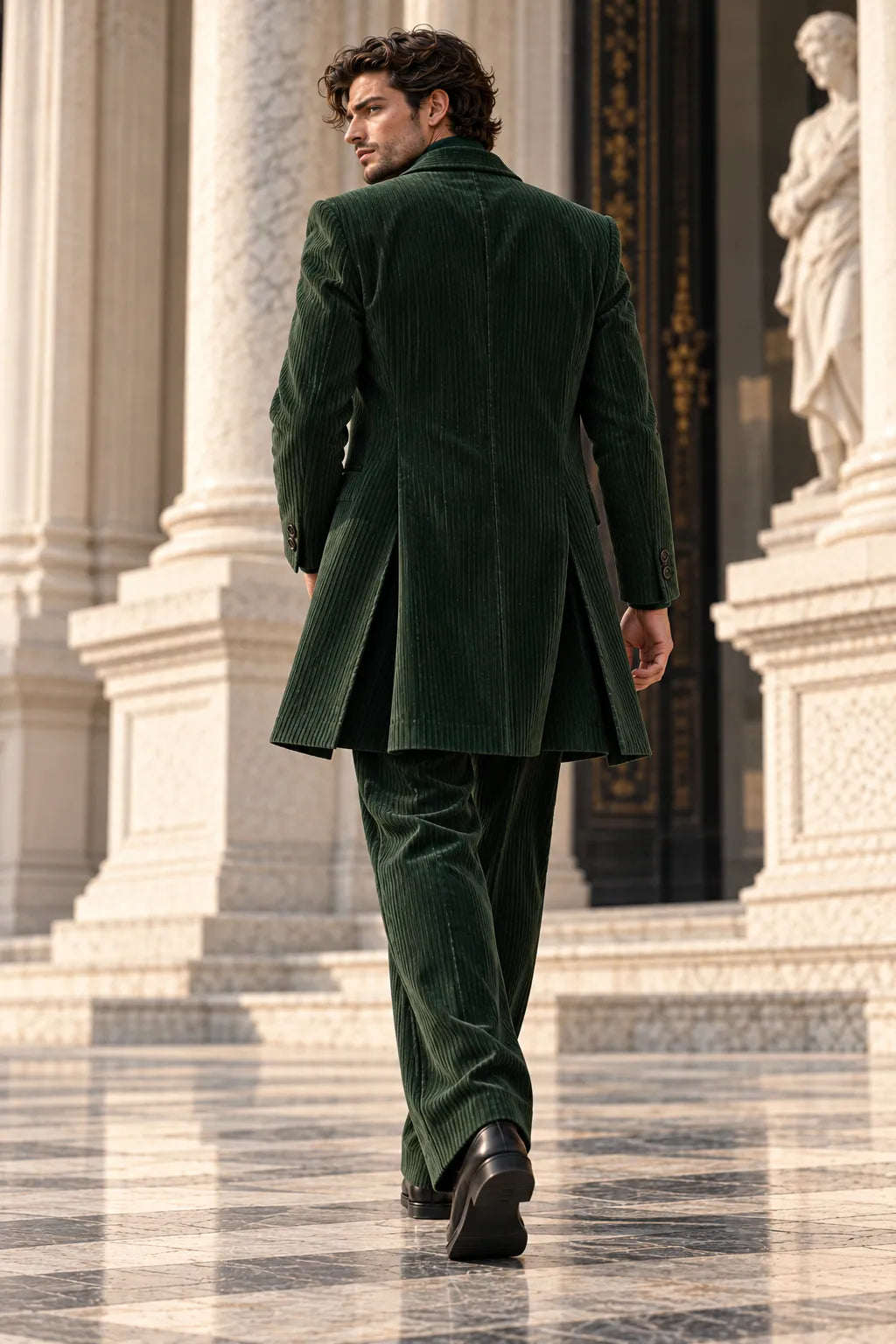 Men's Dark Green Corduroy Longline Wide Leg 2 Piece Suit