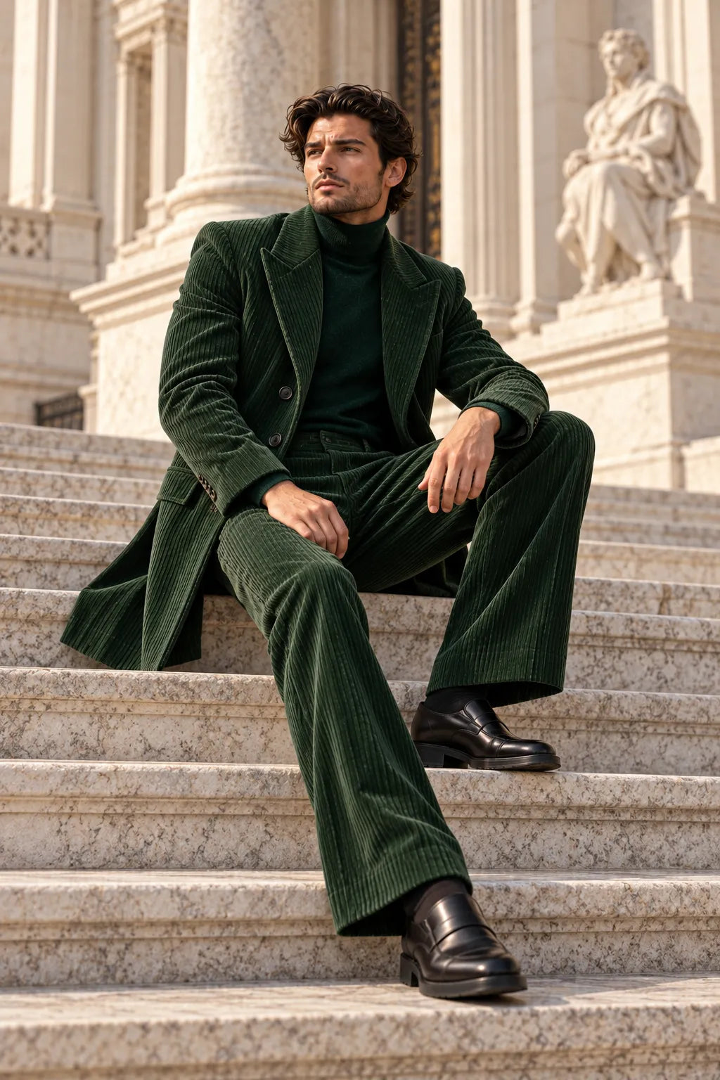 Men's Dark Green Corduroy Longline Wide Leg 2 Piece Suit