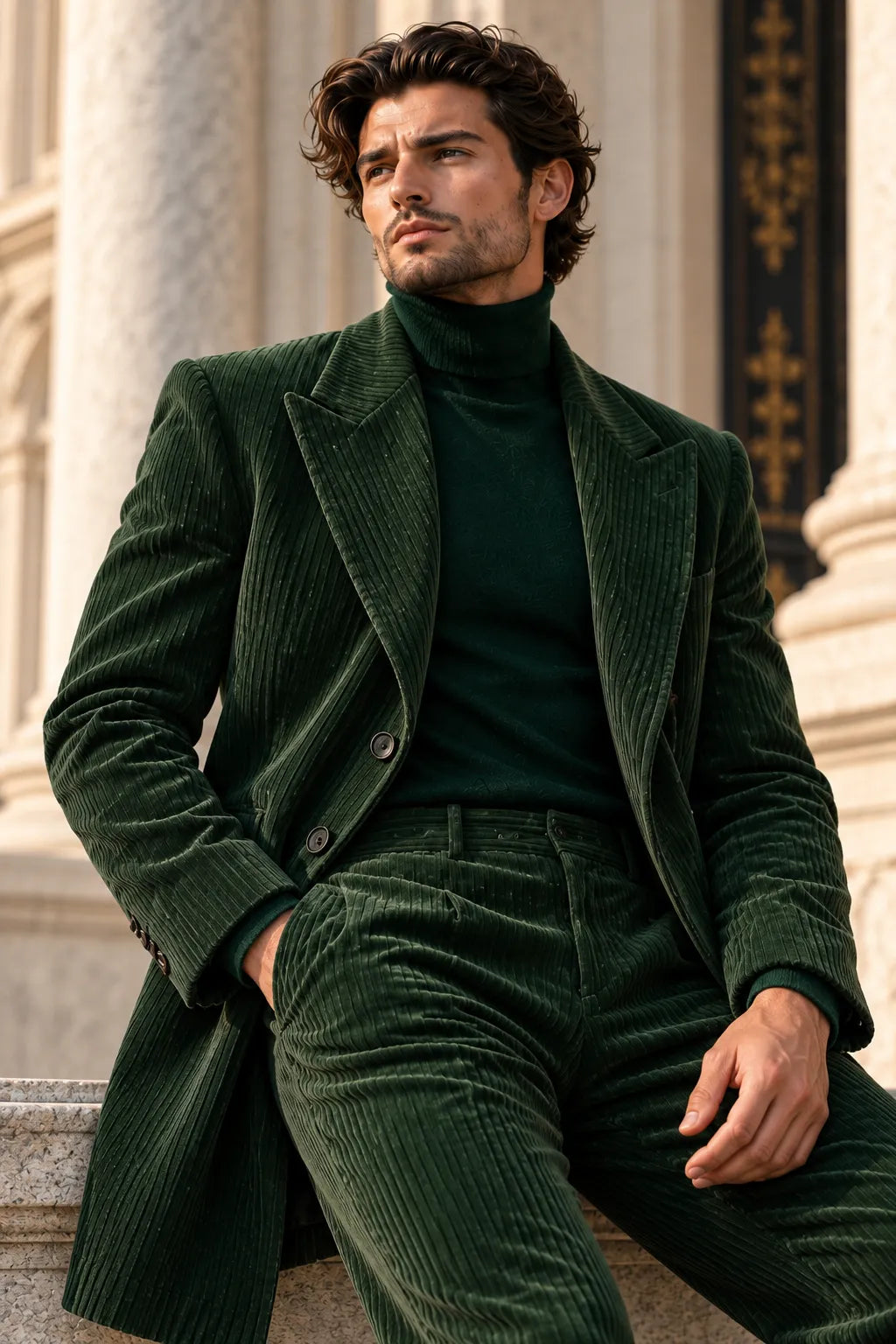 Men's Dark Green Corduroy Longline Wide Leg 2 Piece Suit