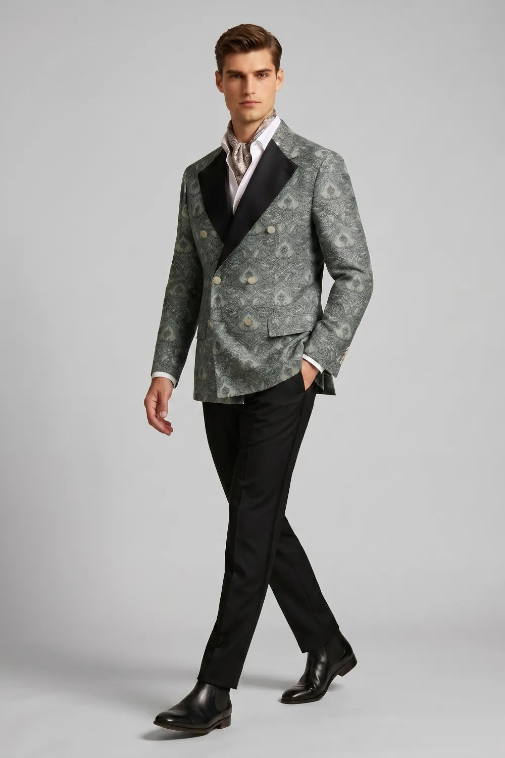 Men's Grey Green Ornate Jacquard Double Breasted 2-Piece Suit
